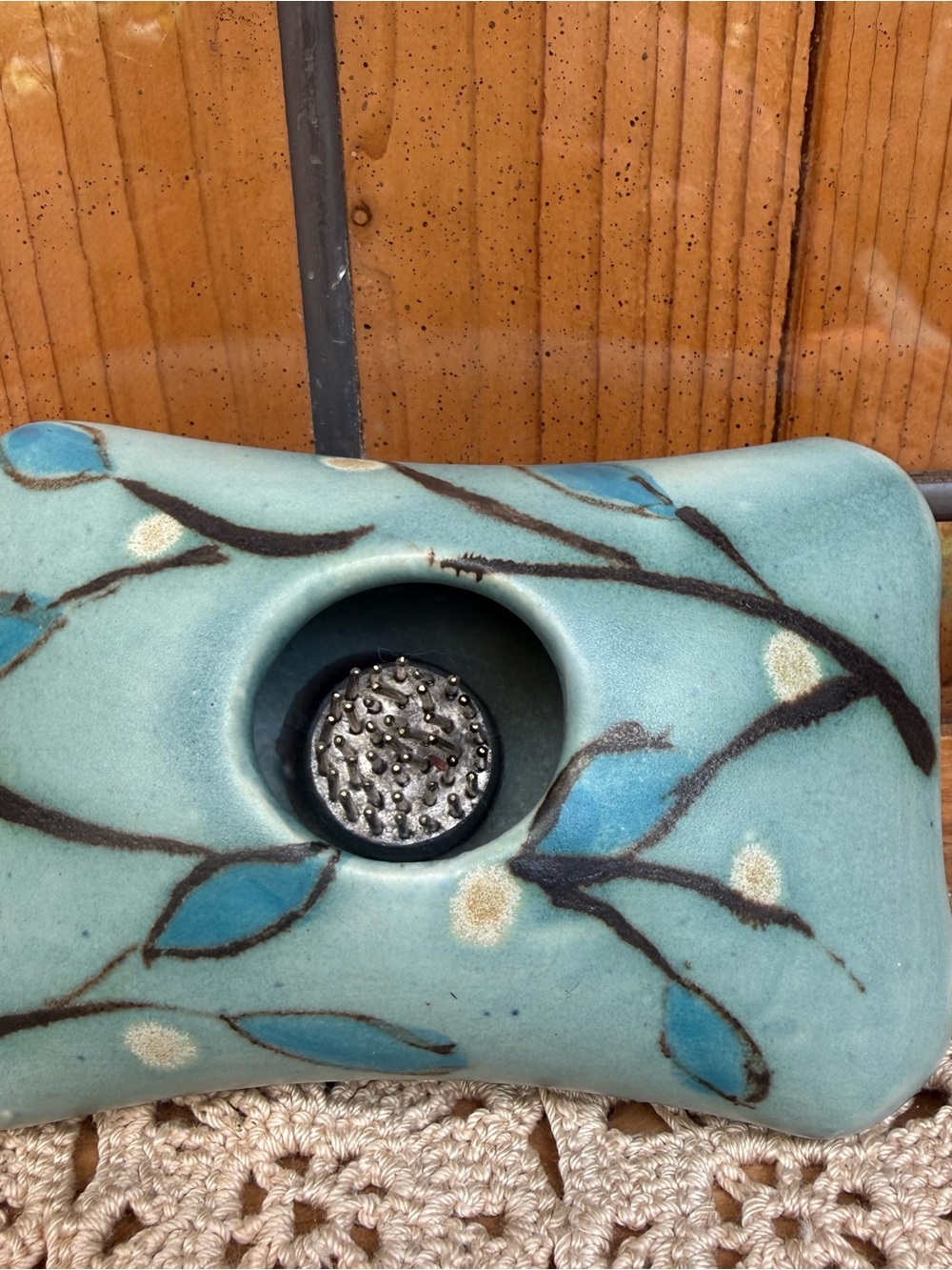 Vintage Studio Pottery Pillow Ikebana Vase Flower Frog Stamped MK Blue Teal